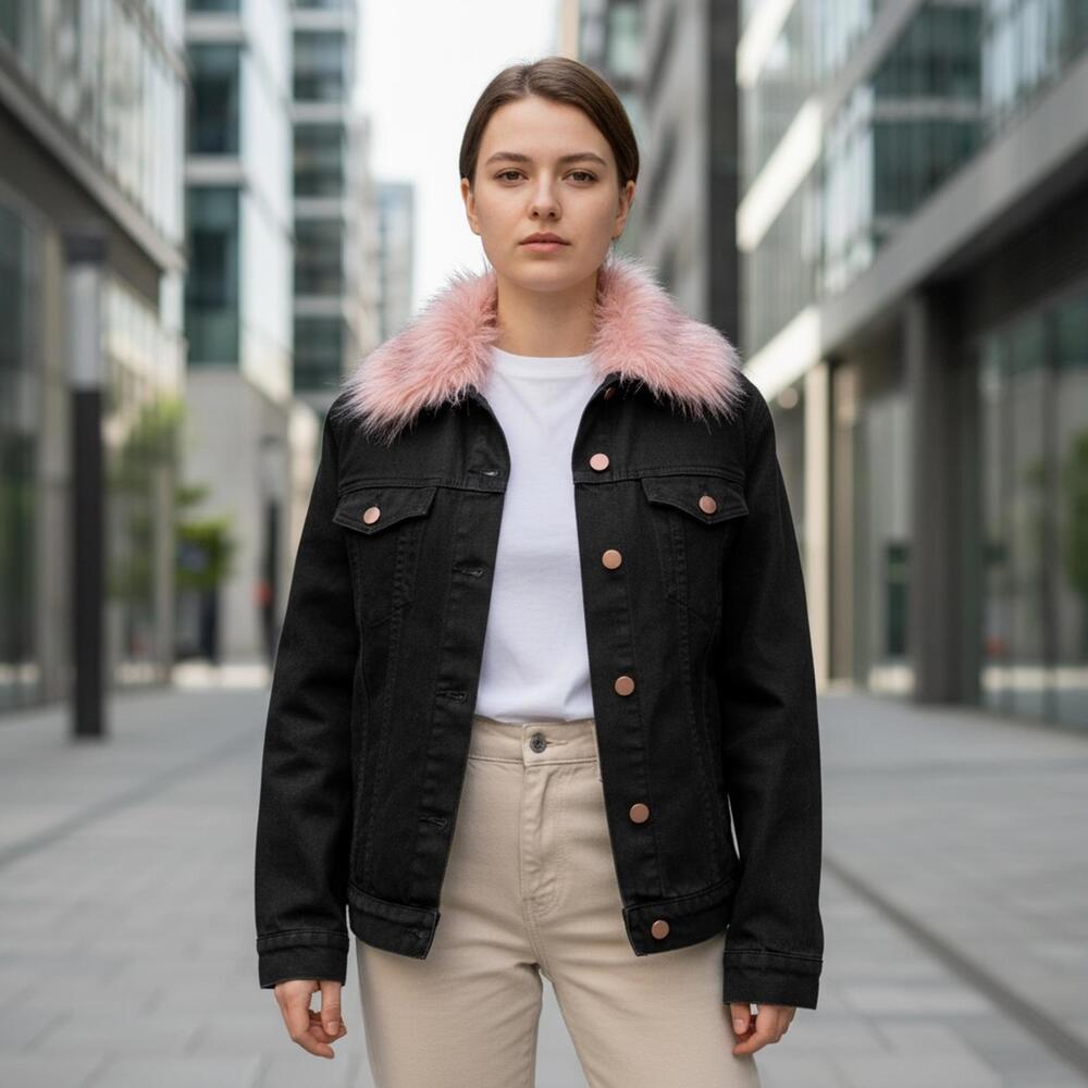 Shaci black denim jacket detachable shaggy pink faux fur lining and collar. M